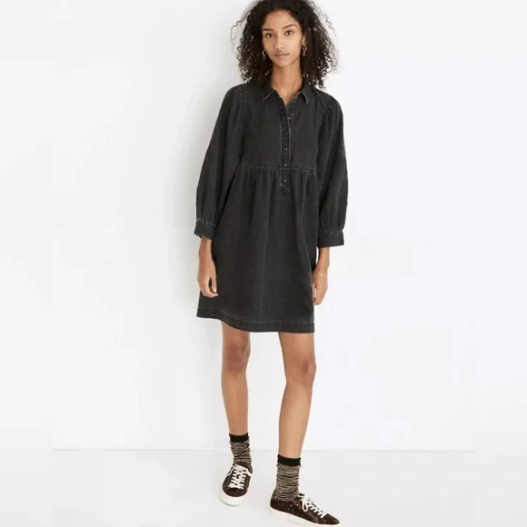 Madewell Denim Babydoll Button Front Shirtdress in Washed Black Size Medium Boho - Picture 5 of 12